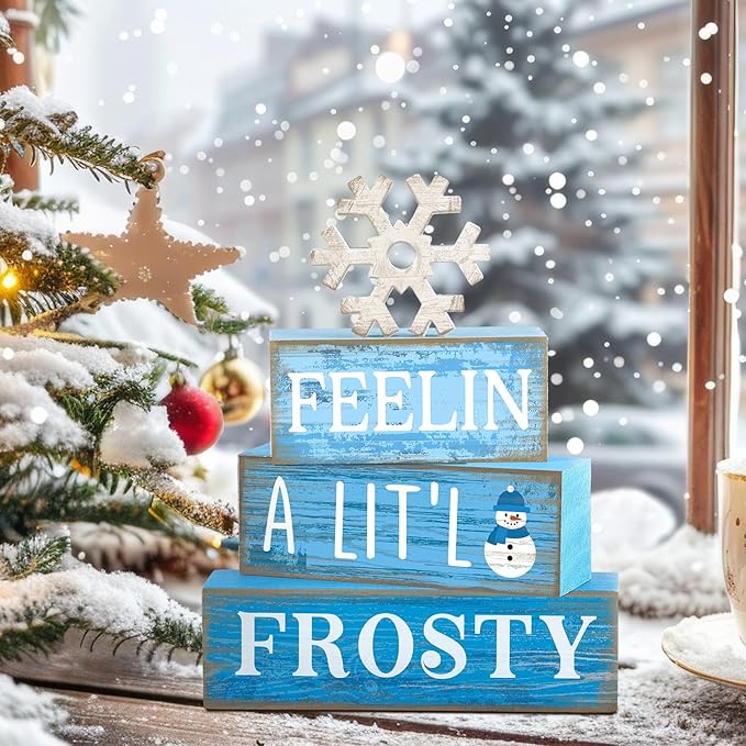 4 Pcs Winter Wooden Tabletop Decor Christmas Snowflake Tiered Tray Decor Rustic Wood Block Sign Gift Winter Centerpiece for Shelf Office Farmhouse Table Frozen Birthday Party Decoration