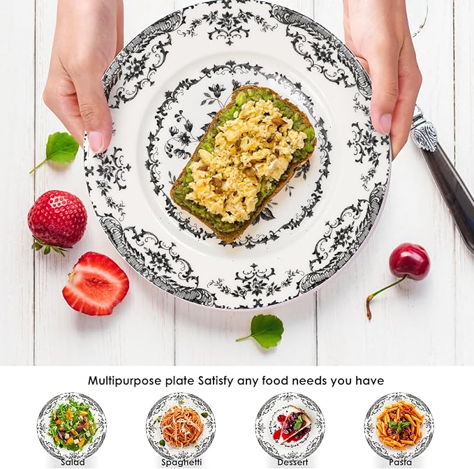 Dinner Plates Set of 6, Ceramic Kitchen Plates Microwave Safe Plates, 10.5 Inch Porcelain Dinner Plates Floral, Black