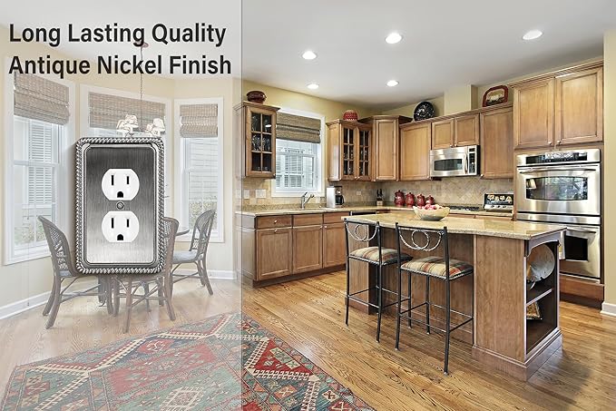 Henne Bery Rope Edge Decorative Wall Plate Switch Plate Outlet Cover (Single Duplex, 2 Pack, Heirloom Silver)