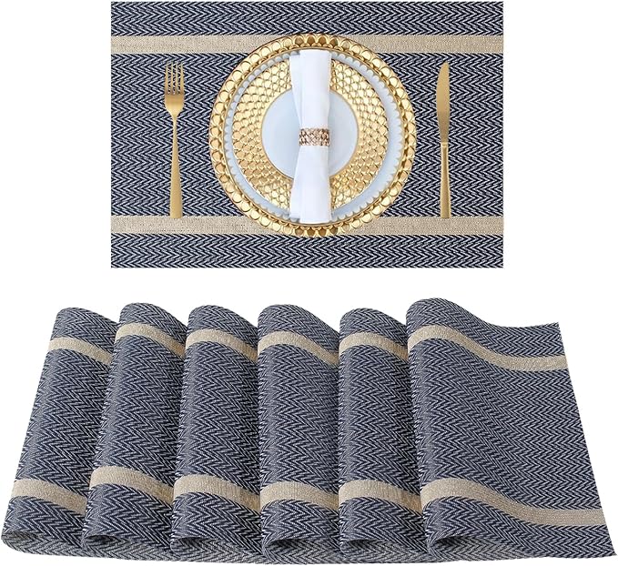 FAVE Placemats Set of 6 Blue Placemats Woven with Golden Thread Durable and Wipeable Vinyl Placemat Heat Resistant Table Mats Set of 6 High Texture Place Mats for Kitchen Table（Blue placemat）
