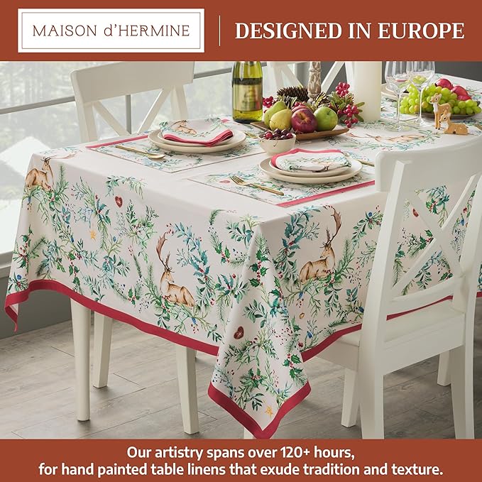 Maison d' Hermine Table Cloth Rectangle Table 100% Cotton 54 x 72 Inches Fall Tablecloth Reusable Everyday Use for Thanksgiving Christmas Decorations Dining Farmhouse Party (Holly Time)