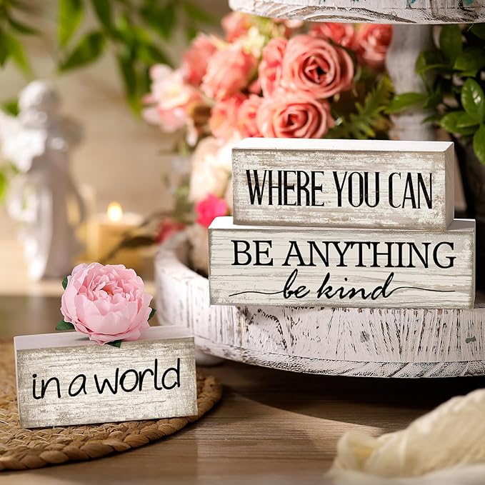 4 Pcs Farmhouse Flower Wooden Tabletop Decor Farmhouse Tiered Tray Decor Rustic Faux Decorative Wood Block Sign Inspired Gift Centerpiece Table sign for Home Shelf Supplies