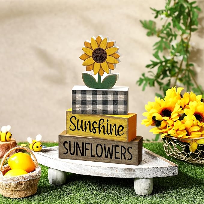 4 Pcs Sunflower Decorations Sunflower Wooden Sign Sunshine Table Centerpiece Summer Tiered Tray Decor Decorative Faux Book Stack Block for Coffee Table Fireplace Mantel Floating Shelf