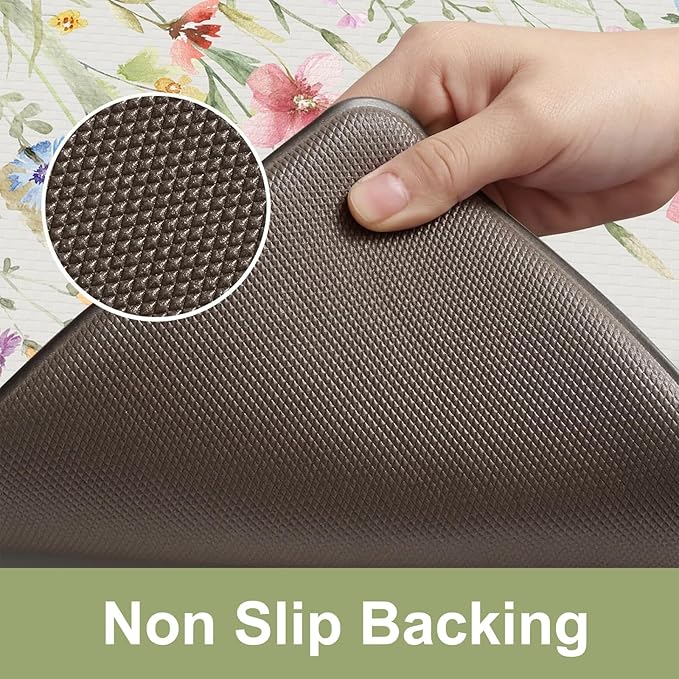 KIMODE Anti Fatigue Kitchen Mats for Floor 2 Piece, Cushioned Floral Kitchen Rugs, Memory Foam Kitchen Floor Mats, Summer Standing Desk Mats for Laundry Office Sink White 20"x71"+20"x32"