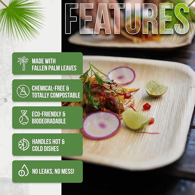 Palm Leaf Plates 10 Inch (50-Pack), Square Bamboo Plates Disposable, Heavy Duty Compostable & Biodegradable Wooden Plates for Party, Catering Events, Weddings, & Dinnerware