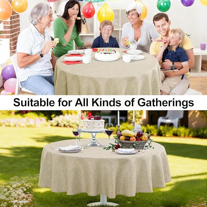 JIUZHEN Round Table Cloth Faux Linen Farmhouse Tablecloth Wrinkle and Stain Resistant Decorative Fabric Table Cover for Kitchen, Dining Room, Parties and Camping, Beige, 120 Inch Round