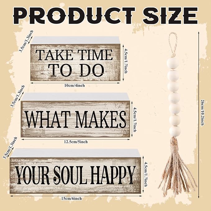 4 Pcs Farmhouse Tabletop Decoration Inspirational Farmhouse Tiered Tray Decor Rustic Retro Wood Bead Garland Take Time to Do What Makes Your Soul Happy Block Centerpiece Sign for Home Shelf
