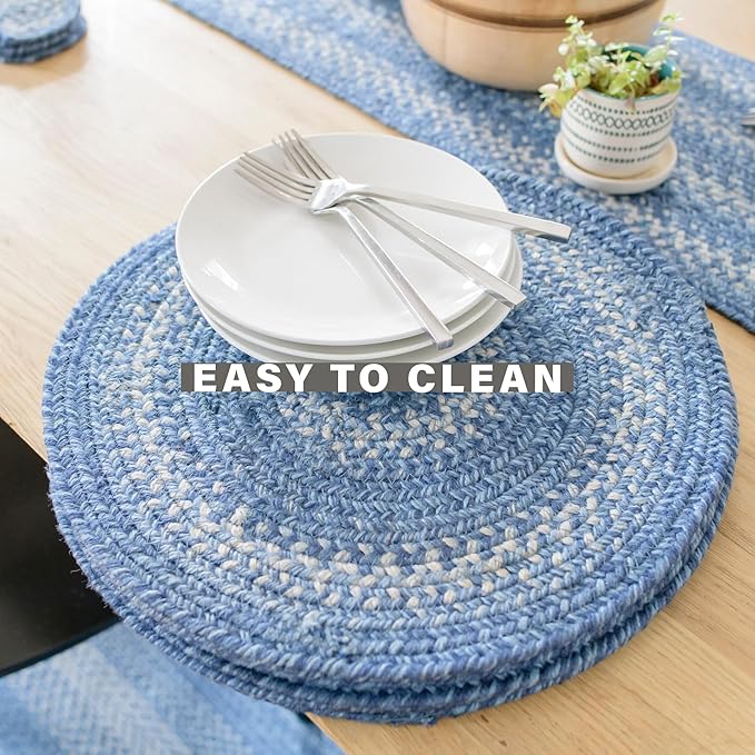 Homespice Denim Jute Braided Oval Placemats, Country Coastal Decor, Set of 6, 13x19 Blue Table Mats - Vibrant Colors, Durable, Easy to Clean and Protects Furniture