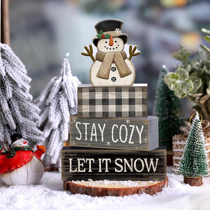 4 Pcs Winter Table Decorations Wooden Snowman Winter Tiered Tray Decor Rustic Block Signs Gift Farmhouse Christmas Centerpiece for Tables Party Kitchen Shelf Home