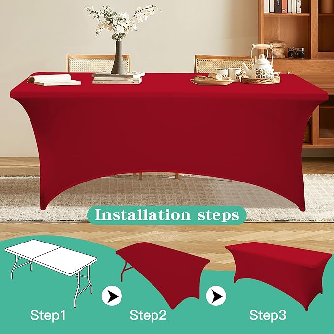 6Pack 6FT Table Cloth for Rectangular Fitted Events Stretch Red Table Covers Washable Spandex Tablecloth Protector for Party, Wedding, Cocktail, Banquet, Festival