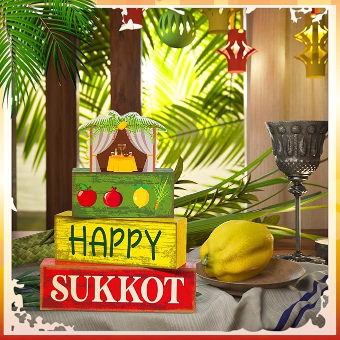 4 Pcs Happy Sukkot Table Decorations Sukkot Centerpieces for Tables Wooden Tabletop Party Decorations Rustic Block Sign for Tiered Tray Shelf Office Jewish Holiday Celebration Supplies