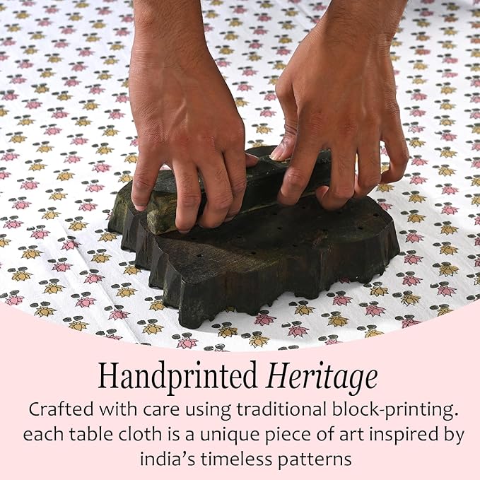CPC Rosette Bloom Tablecloth 100% Cotton 80x120 Inch Indian Block Print Rectangle Table Cover, Table Cloth for Gifting in Weddings, Halloween, Fall, Christmas, Thanksgiving