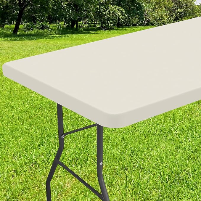 Smiry Rectangle Tablecloth, Elastic Fitted Flannel Backed Vinyl Tablecloths for 6ft Folding Tables, Waterproof Wipeable Table Covers for Indoor, Outdoor, Picnic and Camping (Beige, 36"x72")