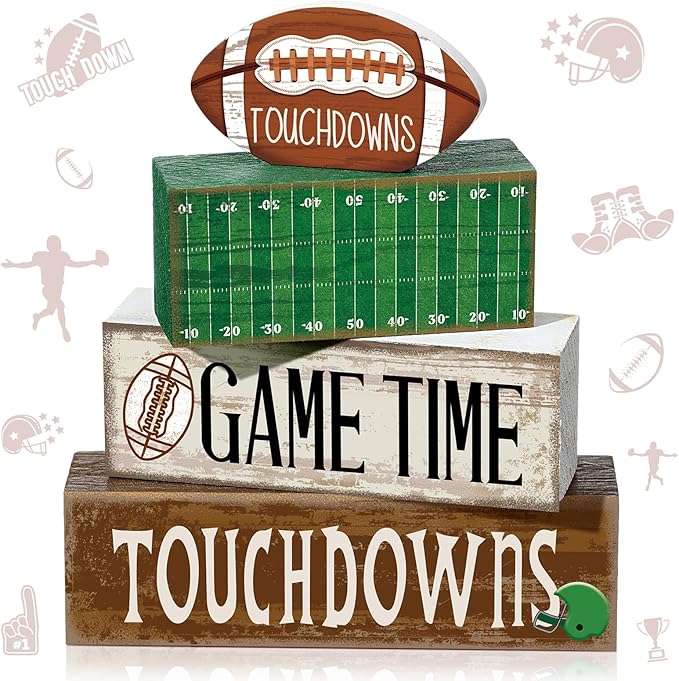 4 Pcs Football Table Decorations Spring Football Tiered Tray Decor Spring Wooden Sign Soccer Centerpiece Decorative Faux Book Stack Block for Coffee Table Fireplace Mantel Floating Shelf