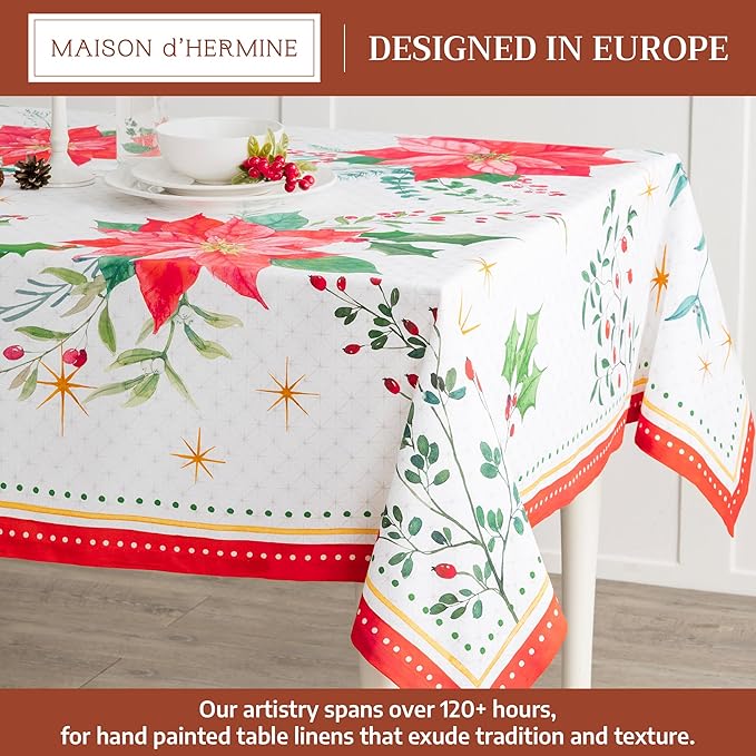 Maison d' Hermine Table Cloth Rectangle Table 100% Cotton 54 x 72 Inches Fall Tablecloth Reusable Everyday Use for Thanksgiving Christmas Decorations Dining Farmhouse Party (Poinsettia Christmas)