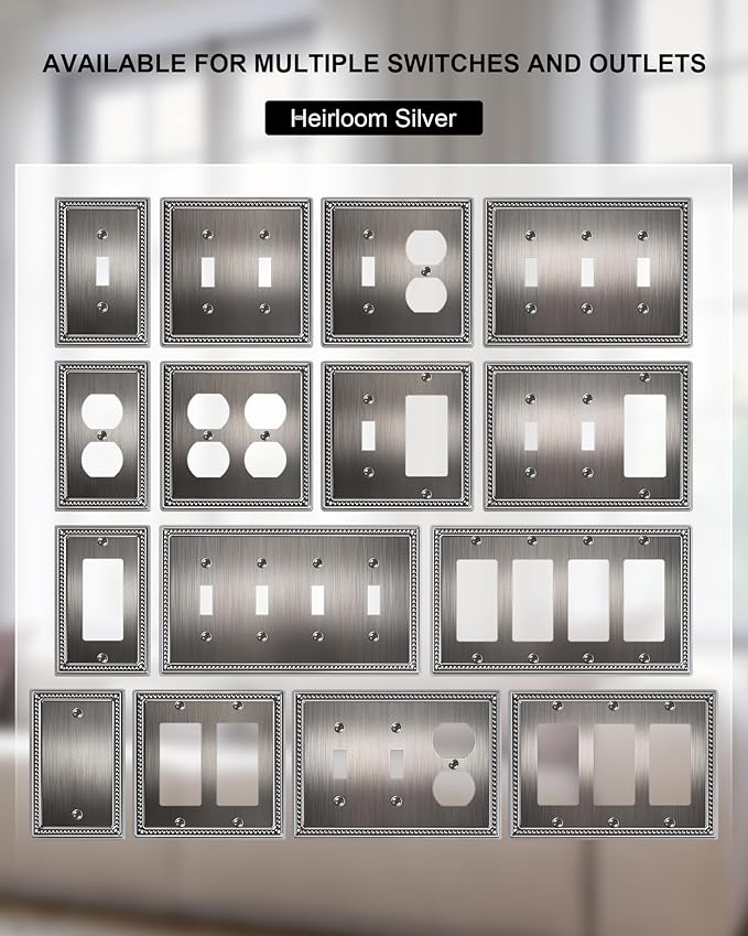 6-Pack Decorator Outlet Cover Plate, Pearls Decorative Switch Plates and Outlet Covers, Antique Silver Metal Wall Plates for Electrical Outlets