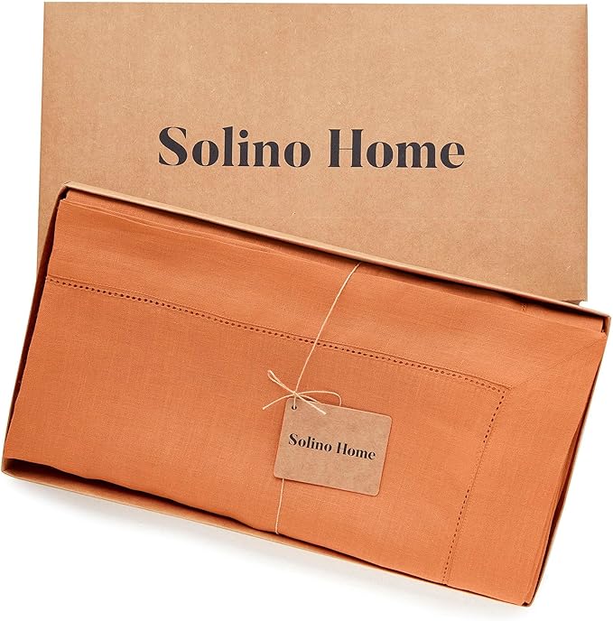 Solino Home Linen Tablecloth 60 x 132 Inch - Classic Hemstitch 100% Pure Linen Pumpkin Table Cloth for Rectangle Tables - Machine Washable Tablecloth