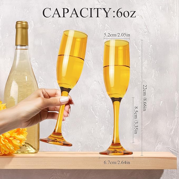 Champagne Flutes Glasses Set of 6-6oz Elegant Amber Glass, Unique Amber Colored Long Stem Champagne Flute Gift for Wedding, Anniversaries, Parties, Birthday, Restaurant, Home Bar