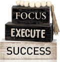 4 Pcs Motivational Wooden Tabletop Decor Inspirational Tiered Tray Decor Rustic Retro Wood Bead Garland Focus Execute Success Block Sign Gift Farmhouse Centerpiece for Home Shelf Mantle