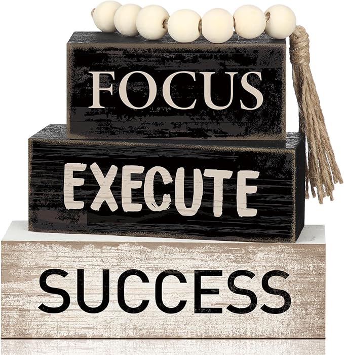 4 Pcs Motivational Wooden Tabletop Decor Inspirational Tiered Tray Decor Rustic Retro Wood Bead Garland Focus Execute Success Block Sign Gift Farmhouse Centerpiece for Home Shelf Mantle