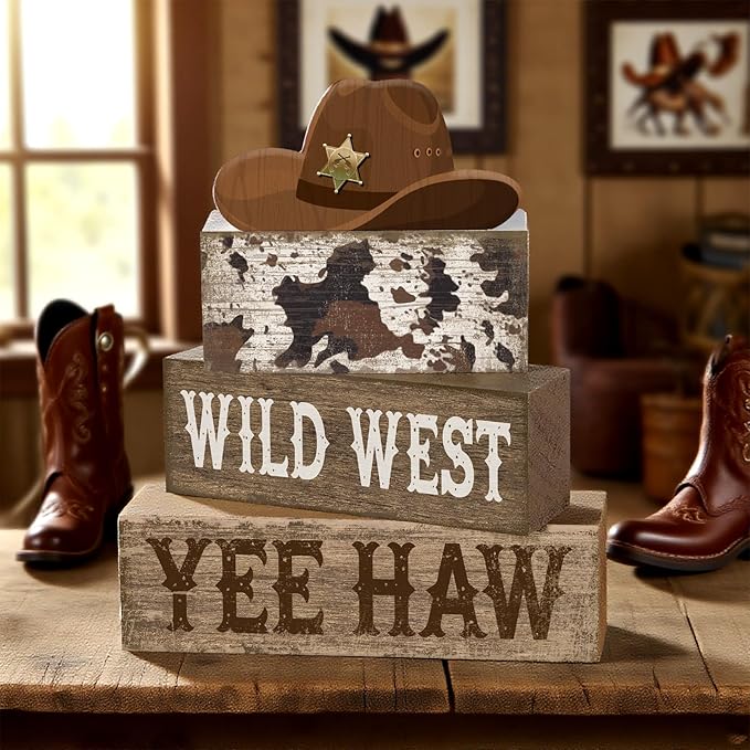 4 Pcs Western Tiered Tray Decorations Set Cowboy Hat Stack Block Signs Desert Farmhouse Rustic Tabletop Tiered Tray Decor for Table Shelf Home Office