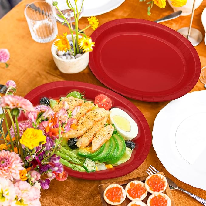 QZYL 50 Pcs Party Decorations, 12.2'' X 10.2'' Oval Large Paper Plates, Red Disposable Heavy Duty Paper Plates for Birthday Party, Wedding, Picnic, Barbecue, Holiday
