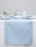 Solino Home Linen Sky Blue Table Runner 48 Inches - Classic Hemstitch, 100% Pure Linen Coffee Table Runner 14 x 48 Inch Ideal for Dresser Tables - Spring, Easter