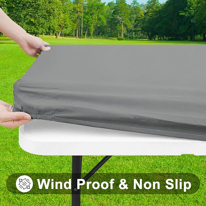 Smiry Rectangle Tablecloth, Elastic Fitted Flannel Backed Vinyl Tablecloths for 8ft Folding Tables, Waterproof Wipeable Table Covers for Indoor, Outdoor, Picnic and Camping (Grey, 30"x96")