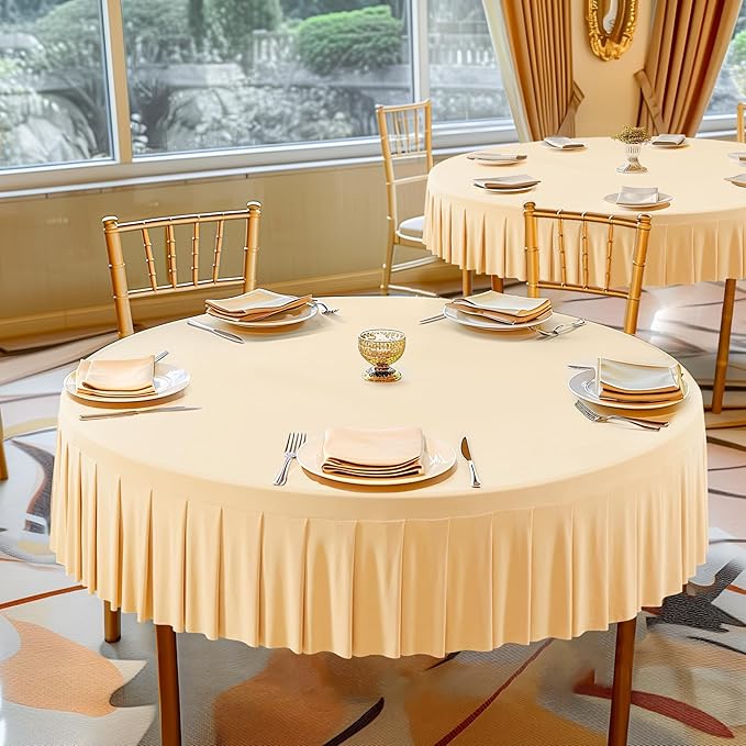 6 Pack Champagne Spandex Round Tablecloths for 60 inch Tables, Stretchy Fitted 5FT Round Table Cloth with Skirt for Wedding Party Dining Banquet