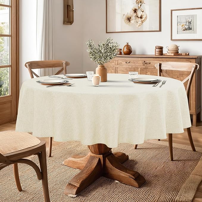 JIUZHEN Faux Linen Round Tablecloths 102 inch, Decorative Wrinkle Free Texture Rustic Circle Table Cloth Cover for Kitchen, Dining, Party, Wedding, Outdoor Use (102 Inch Round,Champagne)