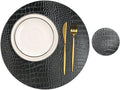Round Leather Placemats for Round Tables Set of 4, Black Place Mats and Coasters, Washable Easy to Care for Indoor Decor 13" Diameter