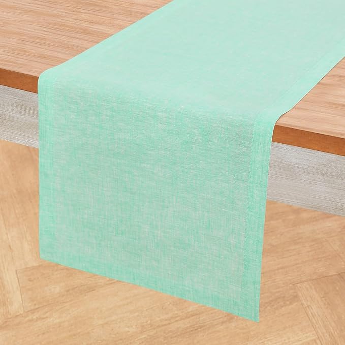 Solino Home Linen Table Runner 108 Inches Long - Athena, 100% Pure Linen Chambray Aqua Dining Table Runner 14 x 108 Inch for Winter, Spring, Easter