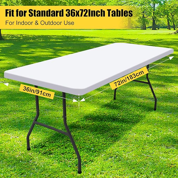Smiry Rectangle Picnic Table Cloth, Waterproof Elastic Fitted Tablecloths for 6 Foot Tables, Washable Polyester Table Cover for Camping, Indoor and Outdoor (White, 36"x72")