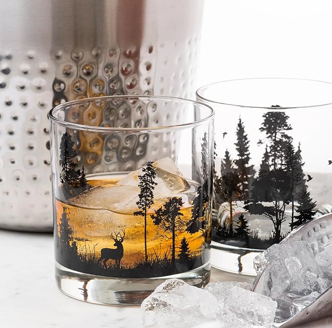 Black Lantern Whiskey Glass Set of 4 – 11oz Old Fashioned Bourbon, Scotch & Cocktail Tumblers with Forest Animal Nature Design | Premium Heavy-Base Barware
