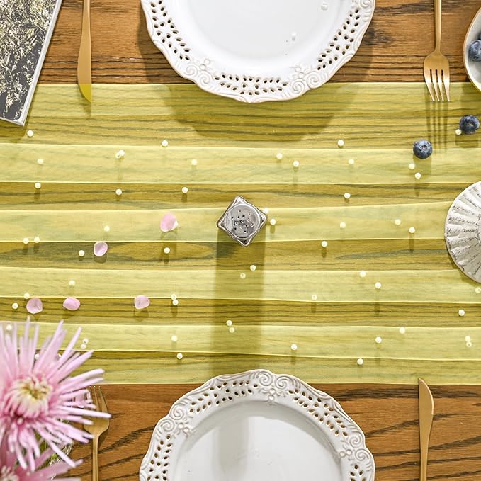 Artoid Mode Pearl Yellow Gauze Table Runner 120 Inch, Seasonal Sheer Dining Holiday Wedding Birthday Baby Shower Table Decor for Home Party