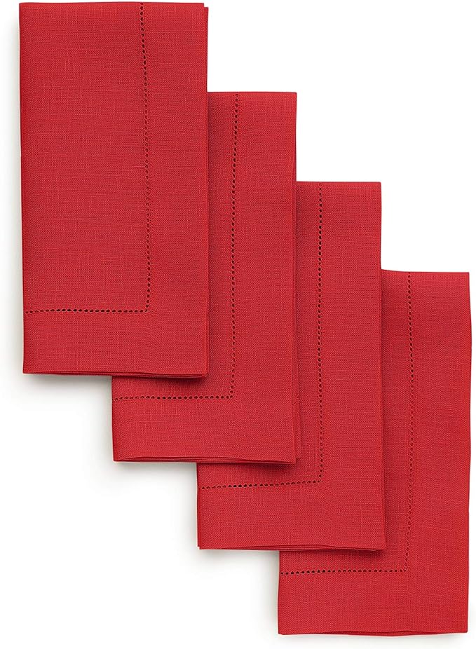 Solino Home Red Linen Napkins Set of 4-100% Pure Linen Hemstitch Dinner Napkins 20 x 20 Inch for Valentines, Winter - Classic Hemstitch