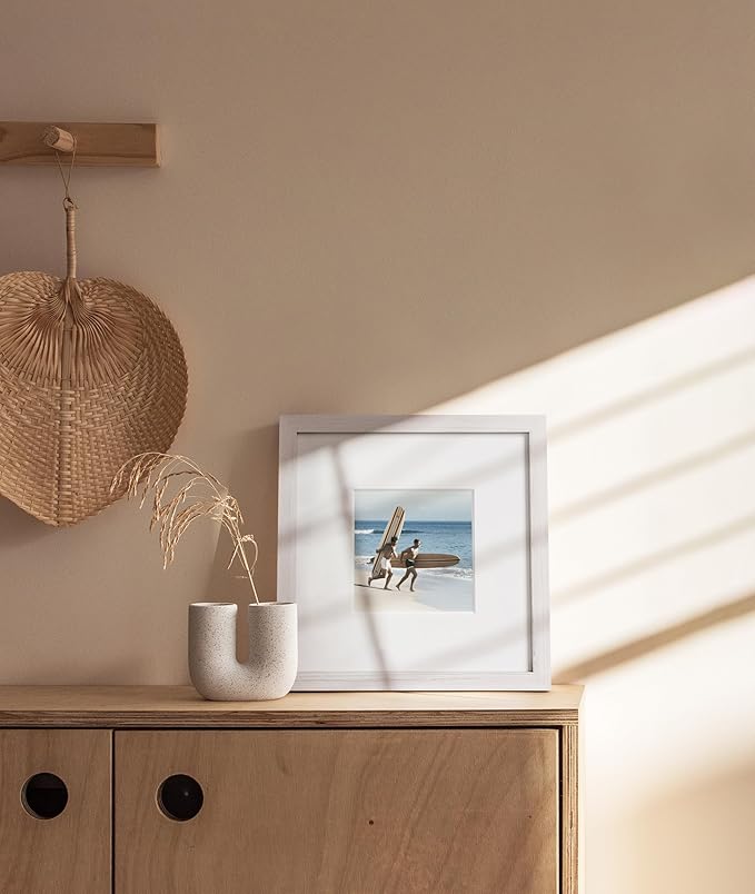 Haus and Hues 10x10 Picture Frame with Real Glass and White American Oak Matted to 5x5 - Oak 10x10 Frame With Mat - Includes Vertical & Horizontal Hang - Ideal for Home, Room, Office (10x10 in, White)