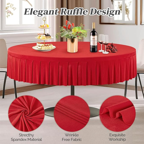 1 Pack Red Spandex Round Tablecloths for 72in Table, Stretchy Fitted 6FT Round Table Cloths, Wrinkle Free Table Cover with Skirt for Wedding Birthday Party Bridal Shower Banquet