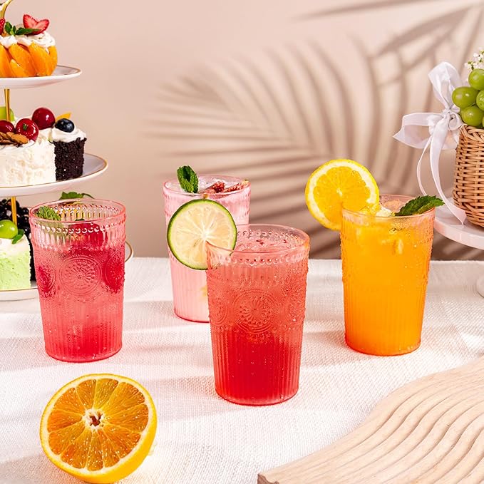Ciaell 12 Pack Romantic Plastic Water Glasses - 14 Oz Pink Vintage Drinking Glasses, Embossed Ribbed Plastic Cups, Textured Striped Set for Juice, Beverages, Beer, Cocktail & Valentine's Day