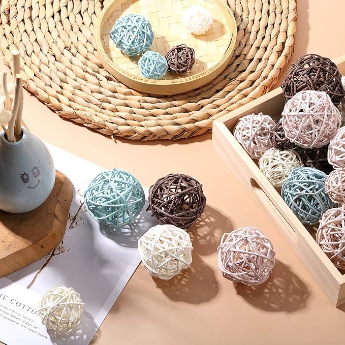Patelai 36 Pcs Wicker Rattan Balls Decorative Balls for Vase Centerpiece Bowls Orbs Filler for Home Decor,4 Sizes(Blue, Brown, Dark Brown, White)