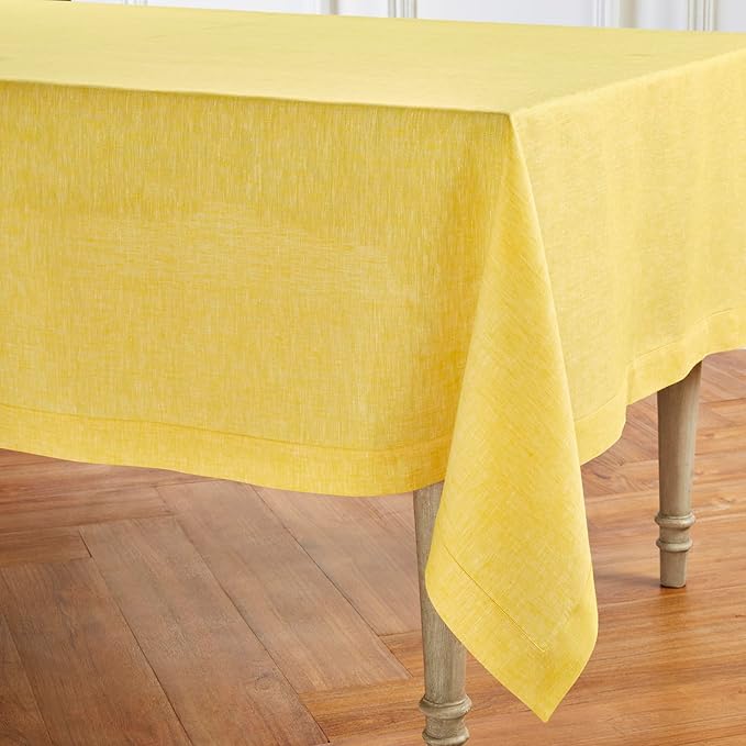 Solino Home Linen Tablecloth 60 x 144 Inch - 100% Pure Linen Chambray Lemon Yellow Table Cloth for Rectangle Tables - Athena, Machine Washable Tablecloth for Spring, Easter