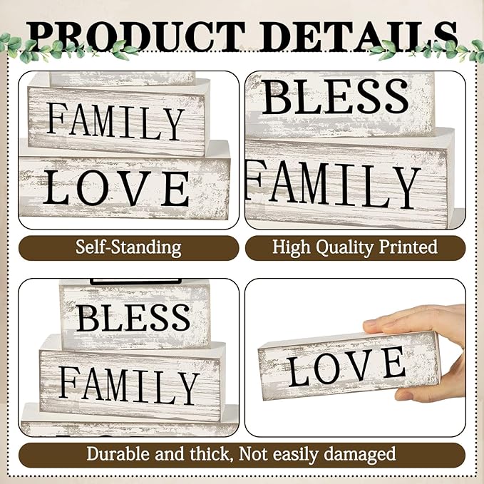 4 Pcs Farmhouse Wooden Tabletop Decor Sweet Home Tiered Tray Decor Rustic Retro Wood Bless Family Love Block Sign Gift Neutral Centerpiece Farmhouse Table Sign for Home Shelf Mantle