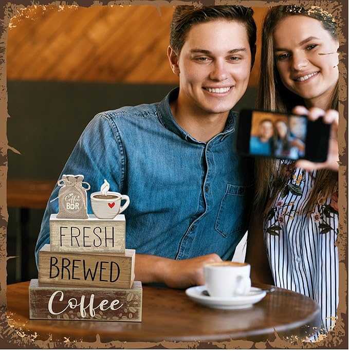 5 Pcs Wooden Coffee Bar Decor Cocoa Tiered Tray Decor Rustic Wood Bar Sign Gift Farmhouse Table Top Centerpiece Stacks Block Sign for Home Shelf Mantel Kitchen