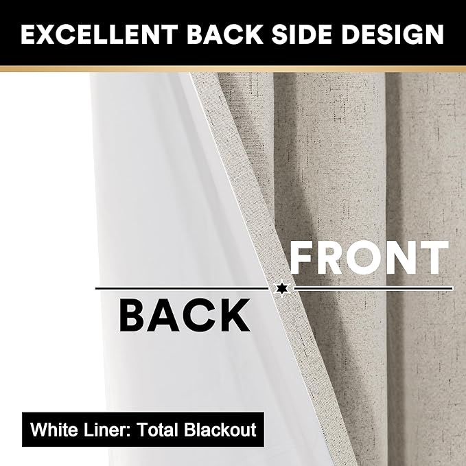 PrinceDeco 100% Black Out Curtains 63 Inch Length,Thermal Insulated Short Textured Grommets Curtains 2 Panels Set,Noise Reducing Window Treatment with White Liner, 52" W x 63" L,Stone