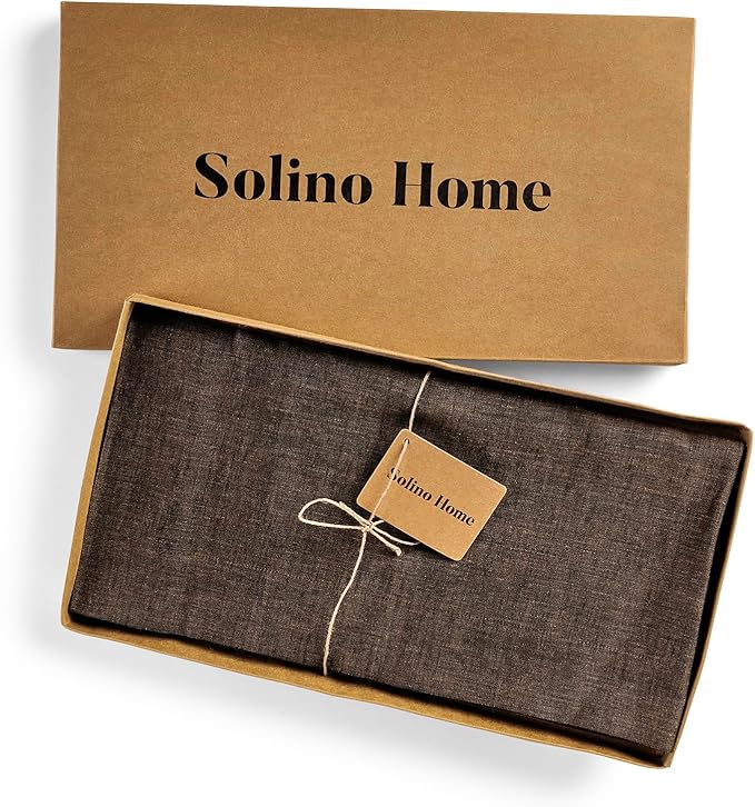 Solino Home Linen Tablecloth 60 x 90 Inch - 100% Pure Linen Chambray Brown Table Cloth for Rectangular Tables - Athena, Machine Washable Cloth Tablecloth