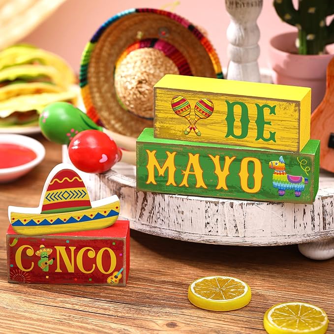 4 Pcs Cinco De Mayo Decorations Wooden Mexican Table Farmhouse Cinco De Mayo Tiered Tray Decor Fiesta Stacked Blocks Tabletop Decorative Book Mexican Centerpieces for Carnival Shelf Home