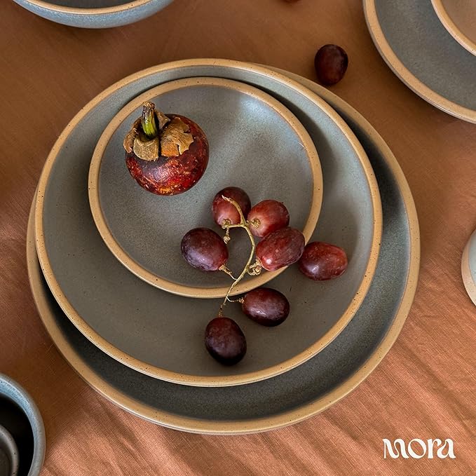 MORA Large Plates Set of 4, 10.5 inch Ceramic Pottery Dinner Plates - Microwave, Oven and Dishwasher Safe - Peppercorn