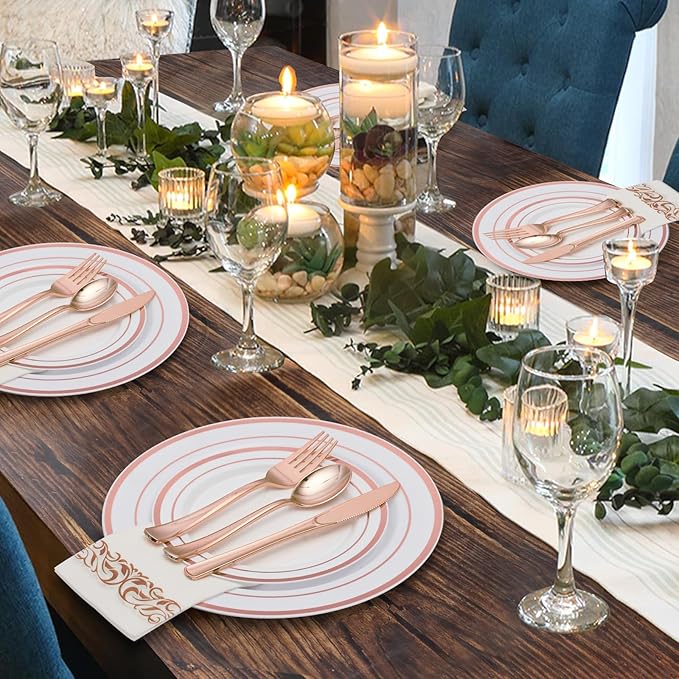 Goodluck 350 Piece Rose Gold Dinnerware Set for 50 Guests - Disposable Plastic Plates, Paper Napkins, Cups, Silverware for Party