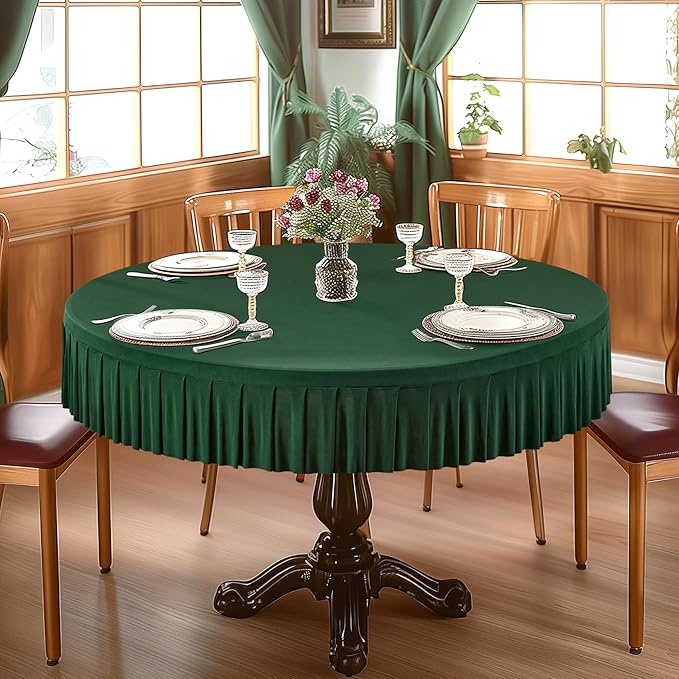 1 Pack Hunter Green Spandex Round Tablecloths for 72in Table, Stretchy Fitted 6FT Round Table Cloths, Wrinkle Free Table Cover with Skirt for Wedding Birthday Party Bridal Shower Banquet