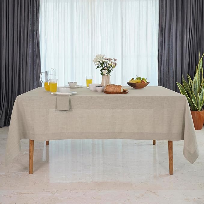 D'Moksha Homes Linen Natural Tablecloth 60 x 102 Inch - 100% Pure Linen Rectangular Table Cloth - Machine Washable Tablecloth for Valentines, Spring, Easter